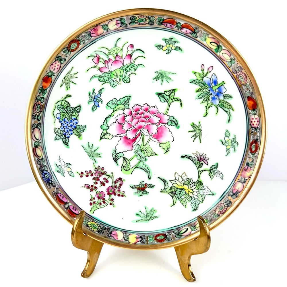 VTG MCM Japanese Hand Painted Bronze Encased Floral Grapes Porcelain Bowl 7.5"